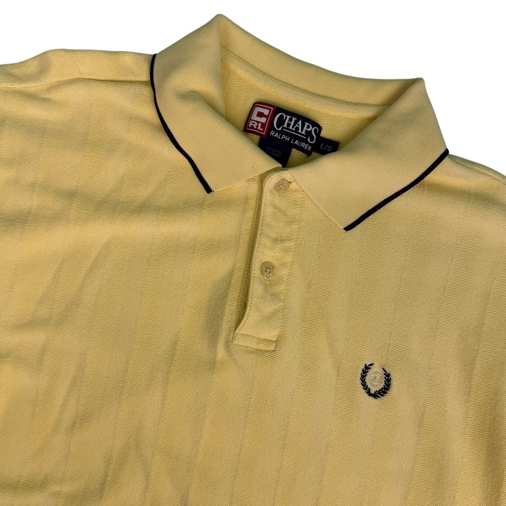 Vtg Chaps Ralph Lauren Mens L‎ Polo Shirt Yellow Herringbone Stripe Short Sleeve